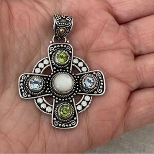 Suarti Bali Sterling Silver 18K Gold Cross Topaz Peridot Moonstone Pendant